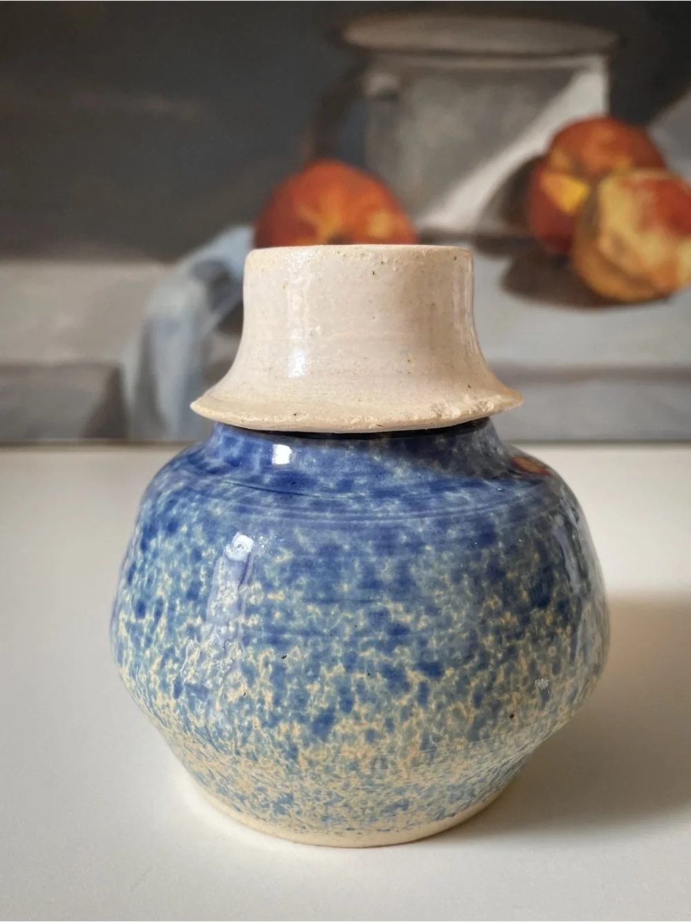 Signed Studio Pottery Handmade Ceramic Blue Mottled Candle Holder